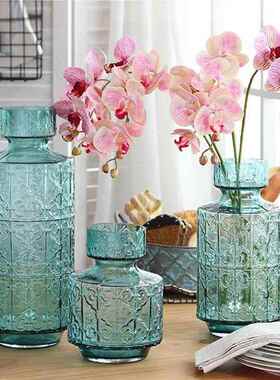 式乡村蓝色创浮雕玻意璃水培马德花瓶里时尚家居.美摆