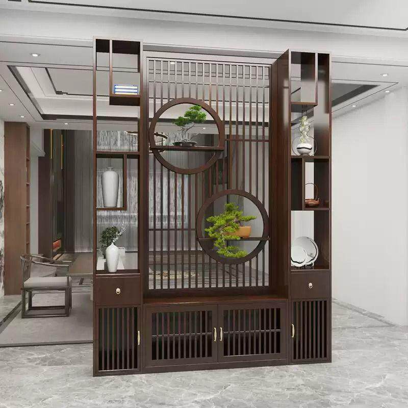 新中式实木屏风隔断客厅入户玄关柜木格栅办公茶室别墅博古架遮挡
