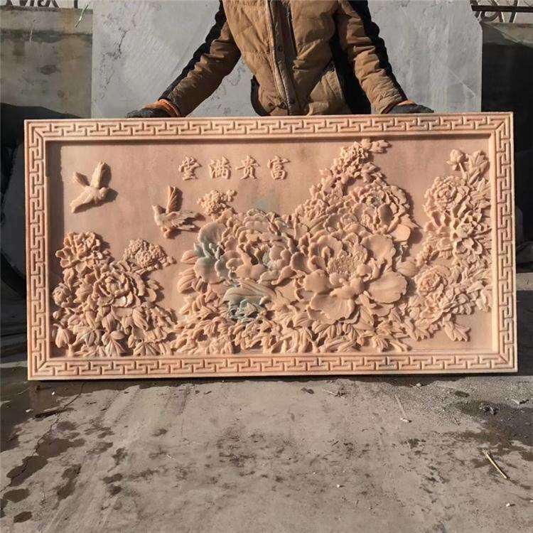 汉白玉大理石雕晚霞红松鹤牡丹浮雕青石地雕别墅庭院外墙装饰壁画