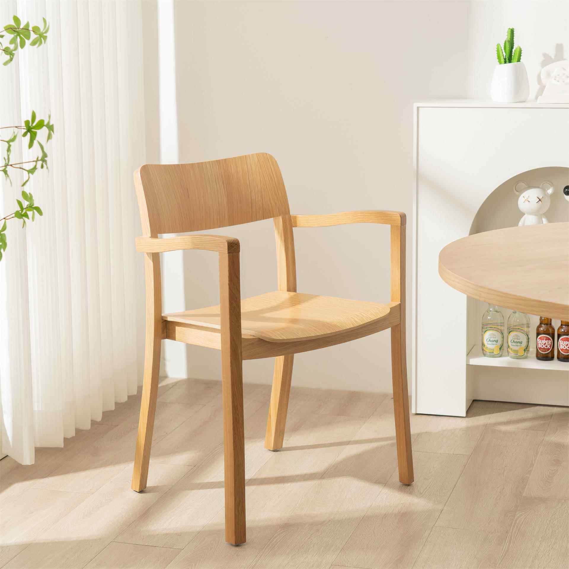 古典家用餐厅扶手椅 咖啡厅原木色靠背椅黑色实木餐椅客厅休闲椅