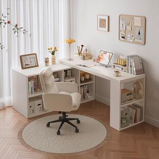 转角书桌卧室女生电脑桌实木l型书桌书柜一体拐角办公桌子工作台