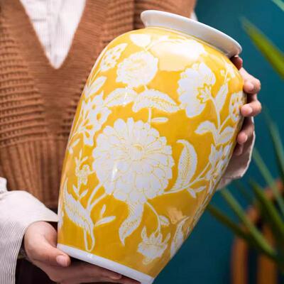 黄色陶花瓶插花摆件桌面花FDP培客瓷厅现代简约水干装饰花器