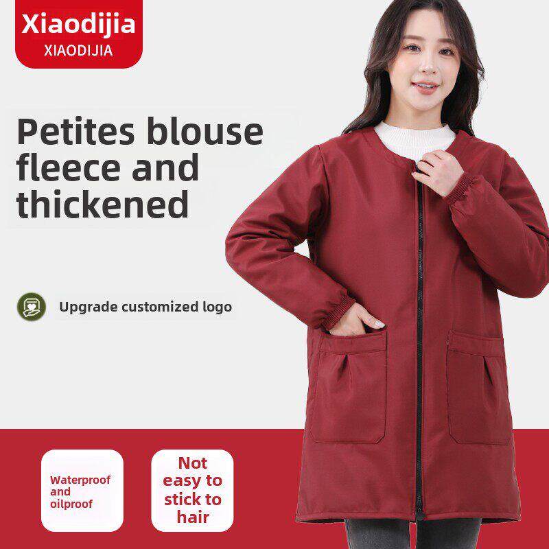 新款罩衣冬季加绒工作服防水厨房围裙女士上班穿外穿的长袖护衣