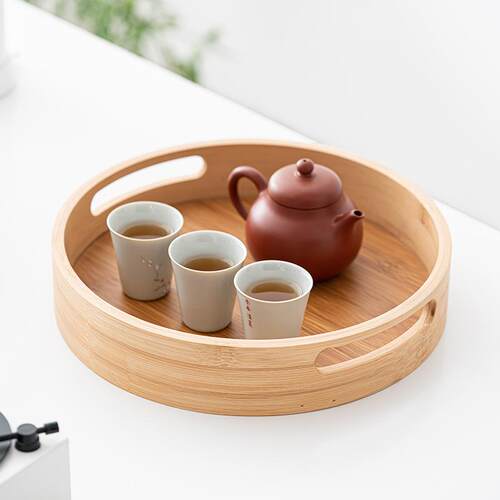 在瓷里日式海棠红彩玻璃壶承茶托盘复古竹制茶盘家用干果盘收纳盘