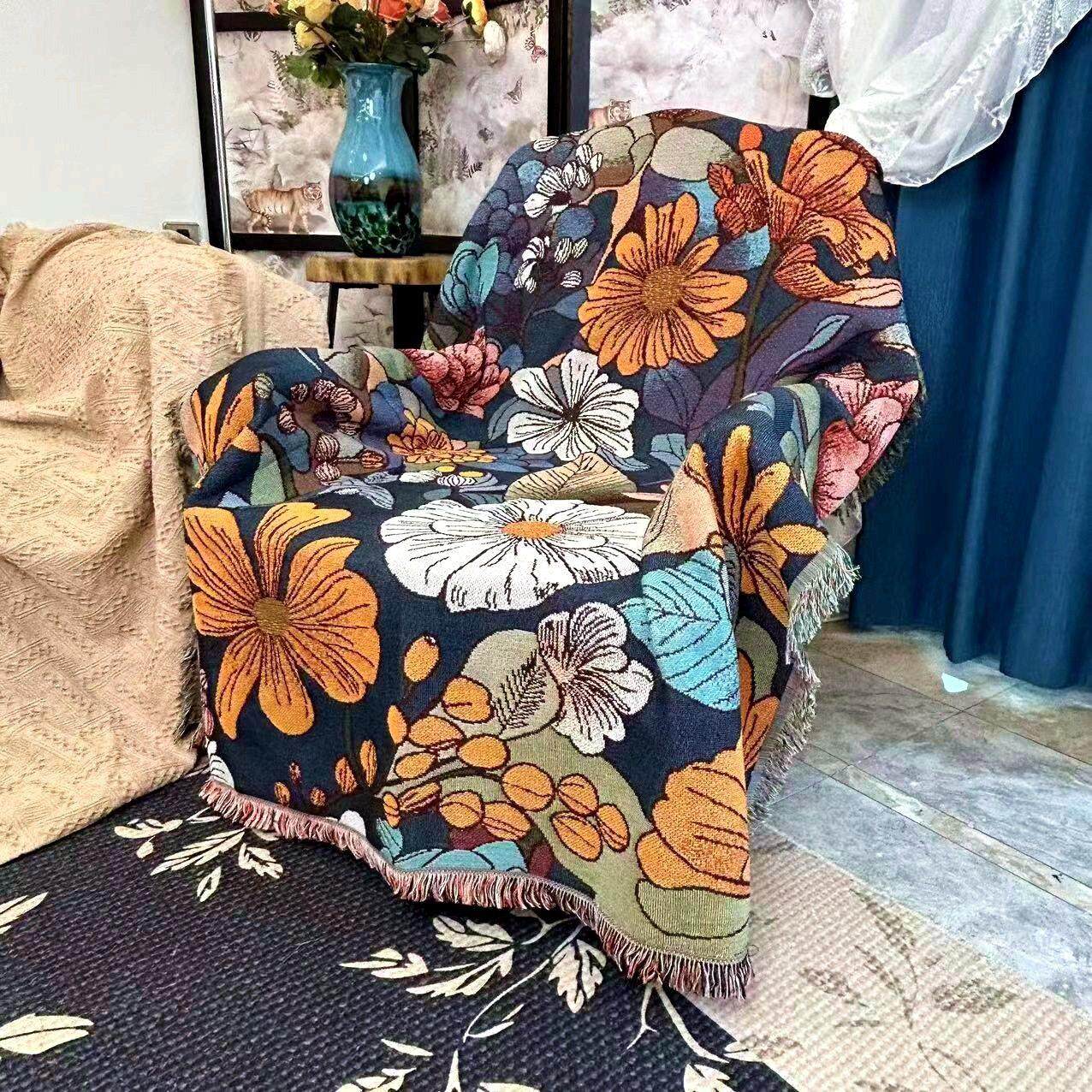 田园乡村繁花沙发巾单双人花卉沙发毯样板间装饰防尘罩露营毯桌布