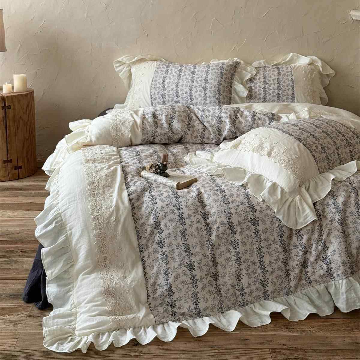 复古法式风小碎花全棉皱皱纱四件套亲肤透气床上用品家纺