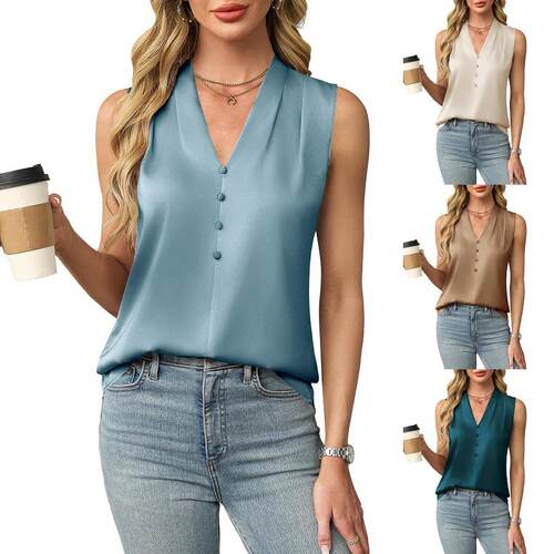 Women's Satin Vest Spring Summer V-Neck Button Backless Top