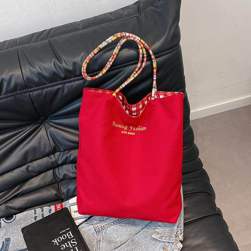 春季格子帆布包包女大容量学生上课手提袋韩版通勤单肩双面托特包