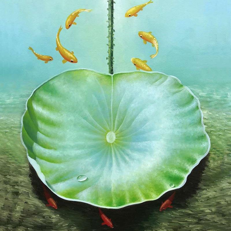 画顺丰新中式手绘油画玄关装饰过道YFI廊竖走版壁画荷花图九鱼挂