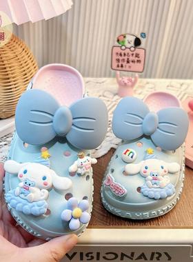 儿童洞洞鞋蓝色蝴蝶结女款2025新款人字拖女童女夏季拖鞋女孩增高