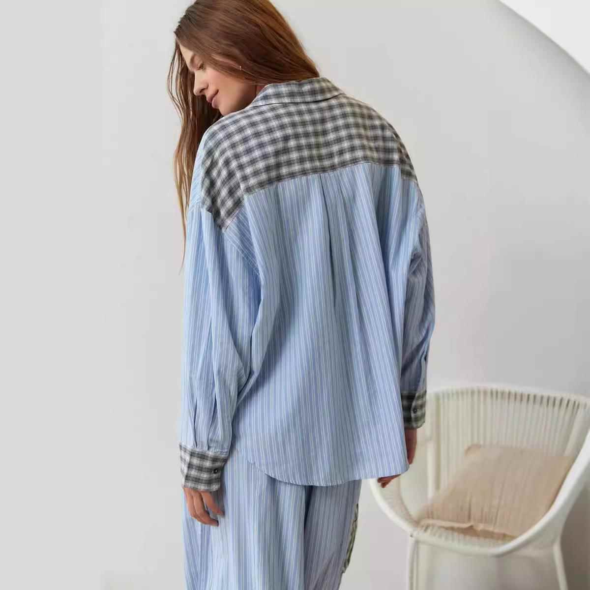 women plaid pajama sets long shirts+pants  pieces suits