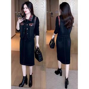 香港代购时尚牛仔套装裙女秋季新款时髦假两件连衣裙马甲两件套裙