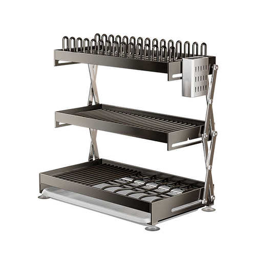 不锈钢双层厨房碗架免安装收纳置物架台面折叠沥水碗碟架子