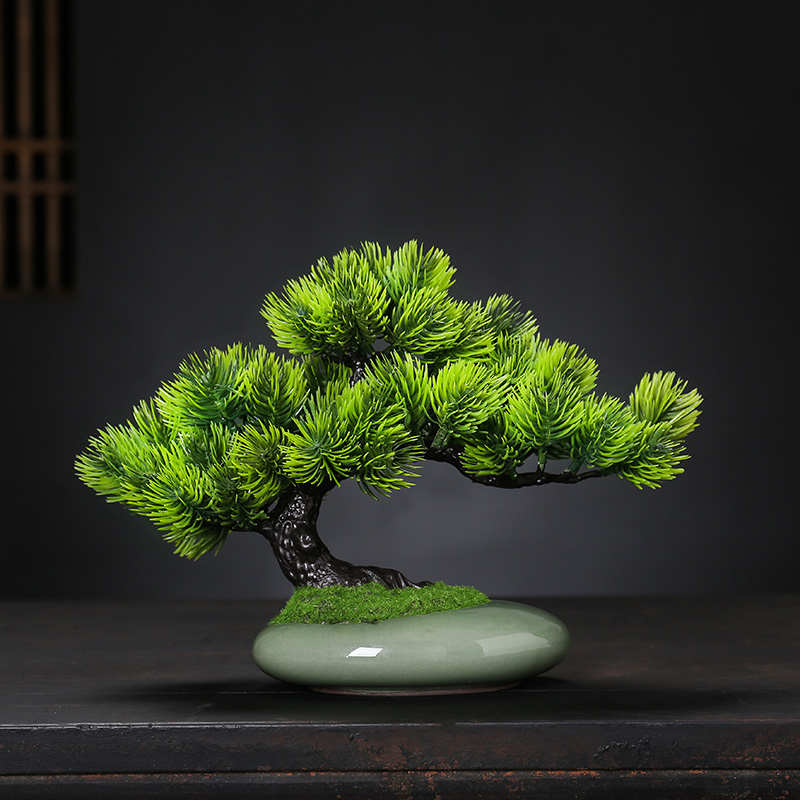 仿真摆件迎客松盆景绿植盆栽客厅电视柜玄关办公室家居装饰新中式