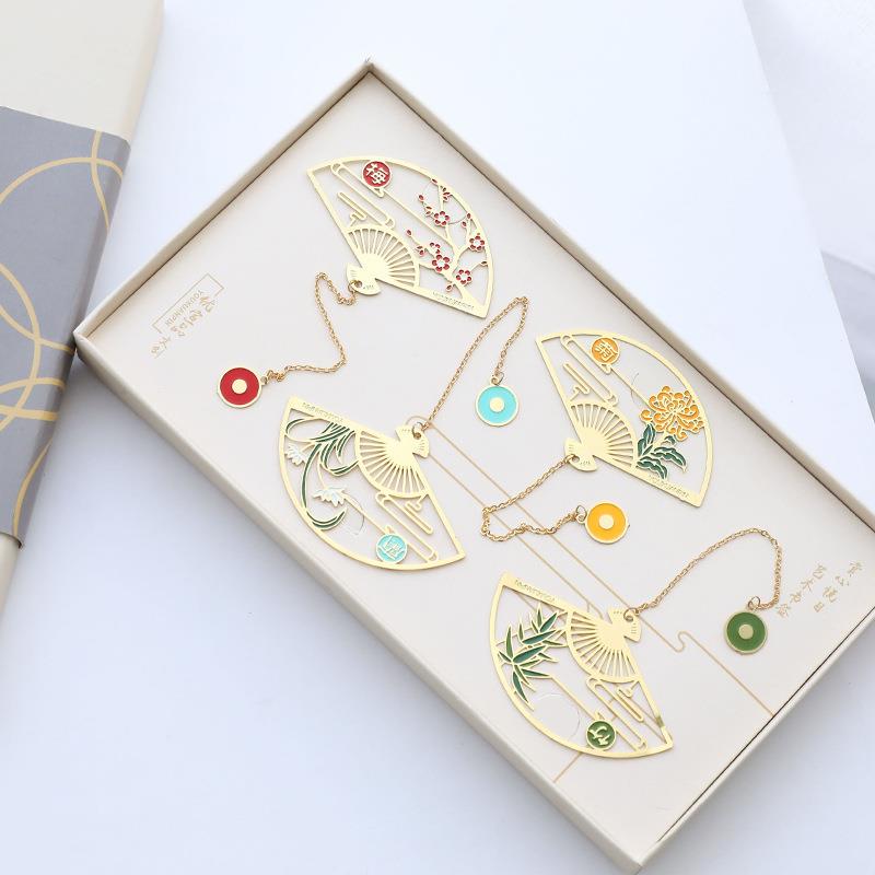 新款直销金属书签折扇 古典中国风梅兰菊竹书签创意小清新精美礼图片