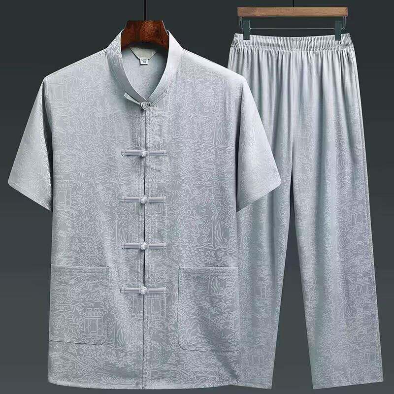 唐装男中老年爸爸夏装短袖套装中国风父亲冰丝衣服爷爷装生日汉服