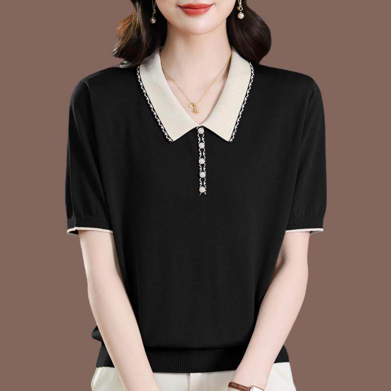 高档桑蚕丝T恤女宽松上衣短袖套头polo领纯色针织冰丝短款遮肚女