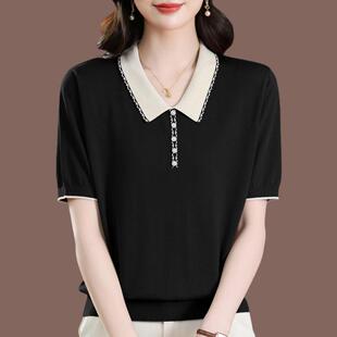 高档桑蚕丝T恤女宽松上衣短袖套头polo领纯色针织冰丝短款遮肚女