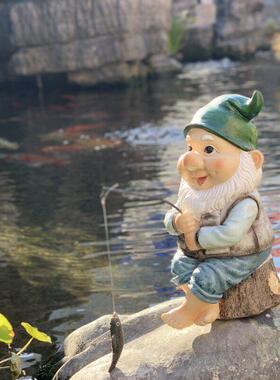 阳台花园装饰庭院布置可爱卡通装饰品钓鱼精灵室外水池假山装饰园