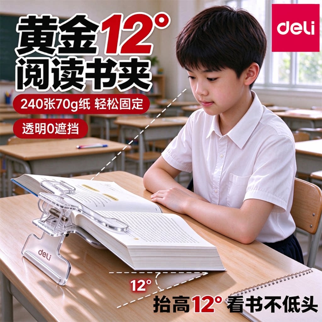 得力阅读书夹宝盖头书本固定夹小学生专用大号透明看书支架压书神器黄金12度防滑大开口强力2合1多功能文具夹