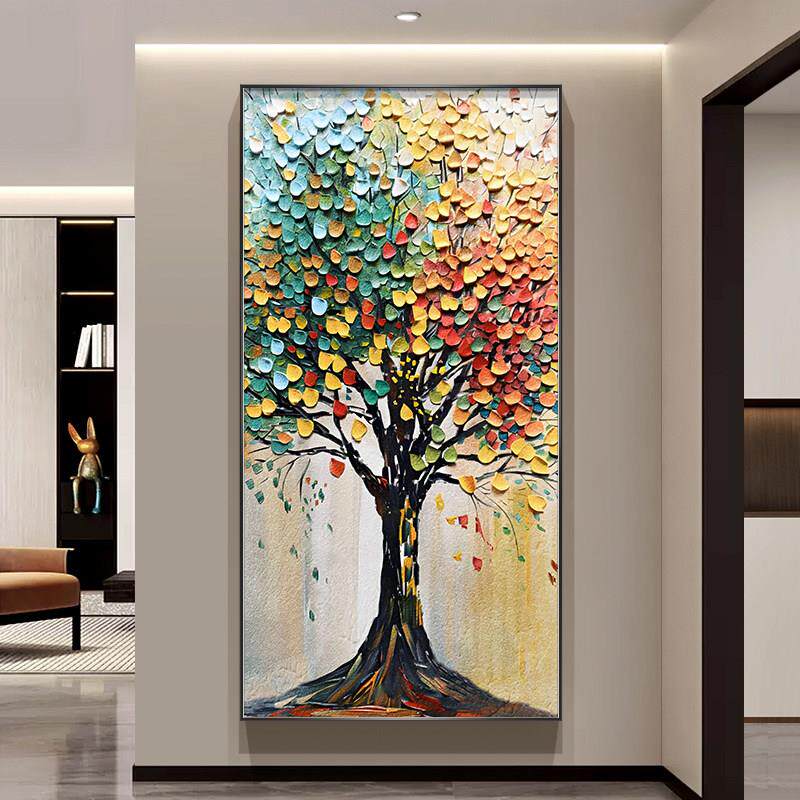 发财树入户玄关装饰画竖版现代轻奢走廊过道挂画高档大气客厅壁画
