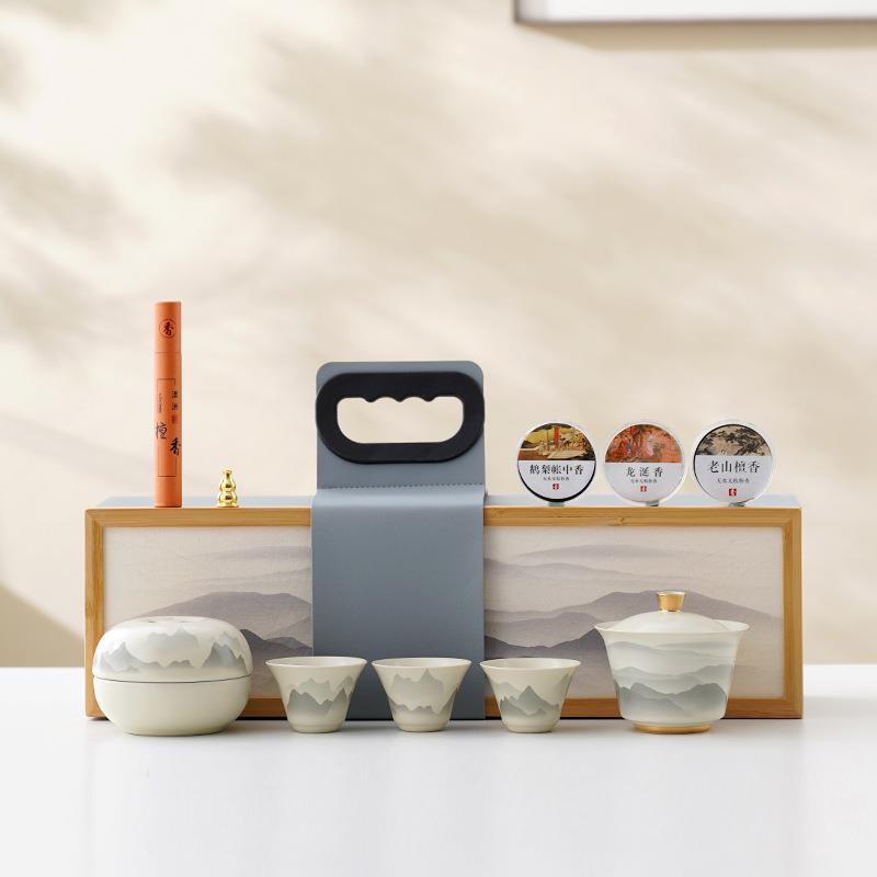 文创草木灰远山功夫茶具小套装 整套陶瓷办公茶壶茶杯盖碗礼品