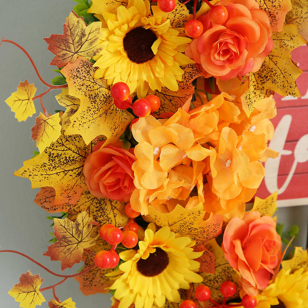 仿真花藤圈车轮花环 感恩节田园风向日葵枫叶花圈 丰收节门挂