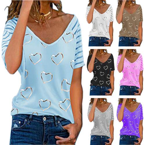 Large size women's heart-shaped printed short sleeved