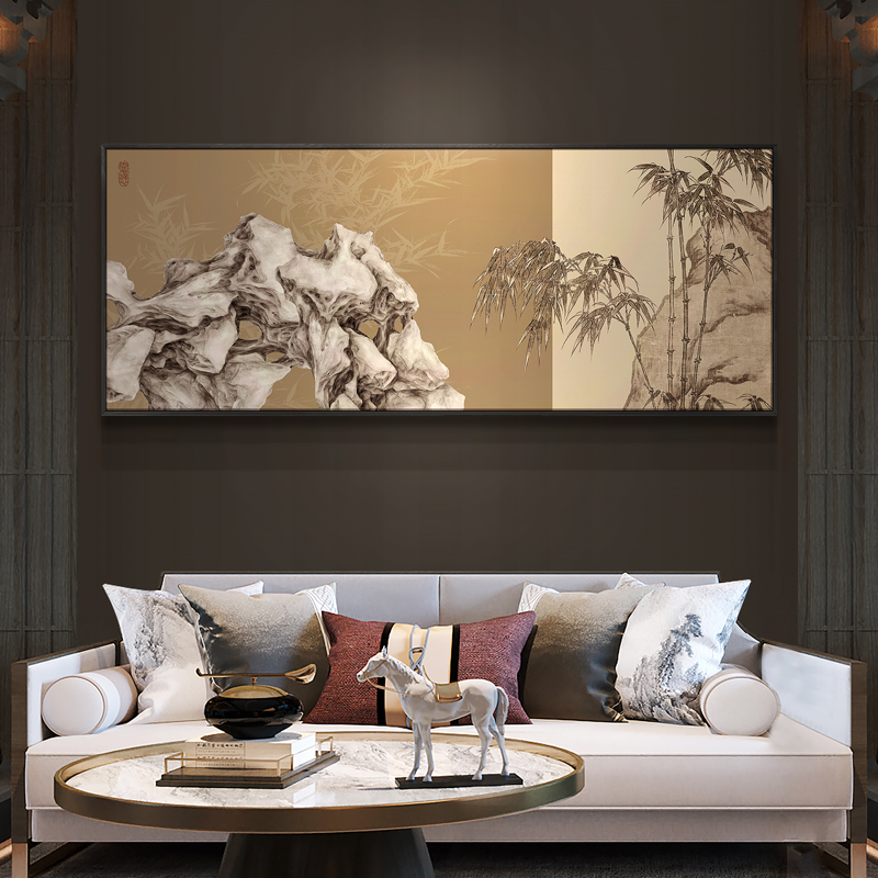 新中式茶室禅意石竹双清图大幅尺寸高档挂画客厅沙发背景装饰画