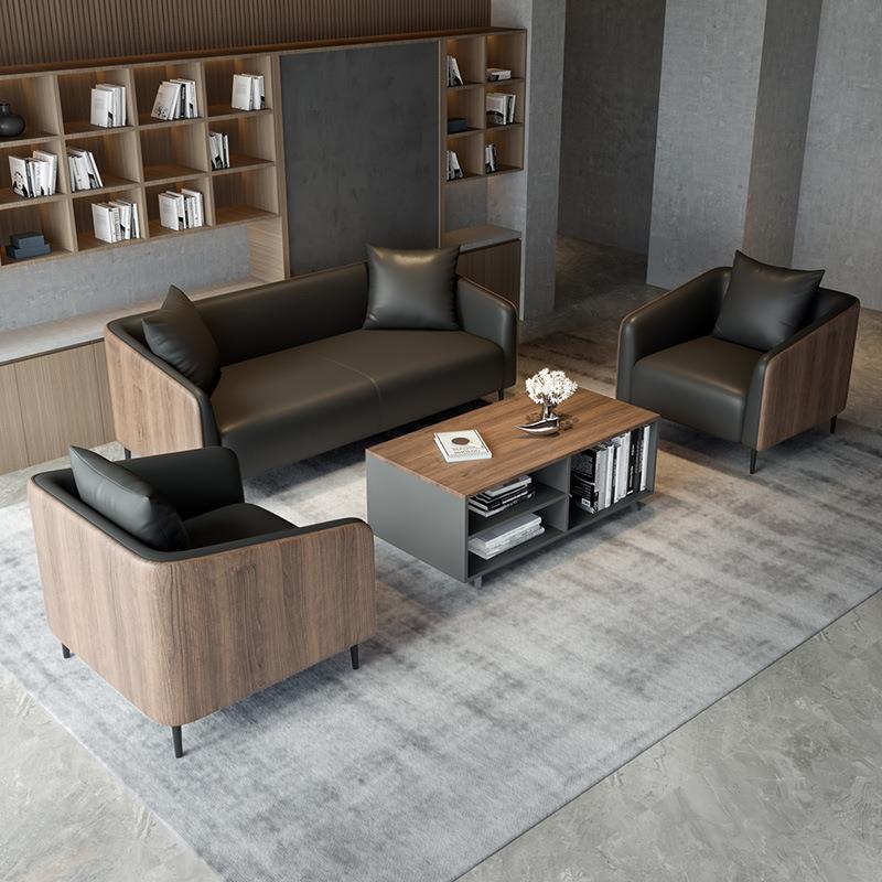 办公室沙发茶几组合简约现代商务会客洽谈接待室公司真皮三人位