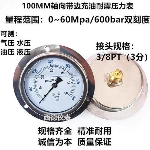 100MM轴向带边高压充油压力表 60MPA/600BAR充油耐震压力表油压表
