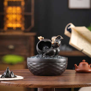 陶瓷流水摆件循环水办公桌茶台招财开业装 喷泉百财流水器 饰品中式