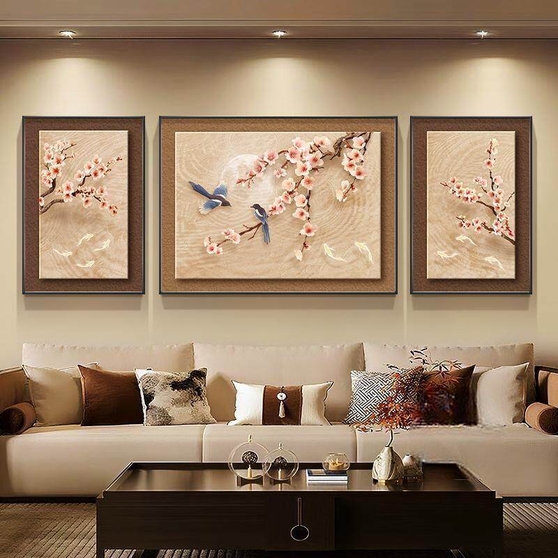 喜上枝头新中式客厅装饰画2025新款沙发背景墙挂画寓意好三联壁画
