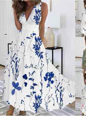 Summer Maxi Long Dress for Women Elegant Robe Femme V-Neck W