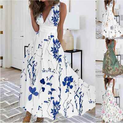 Floral Print Plunging Dress, Elegant Sleeveless Maxi Dress -
