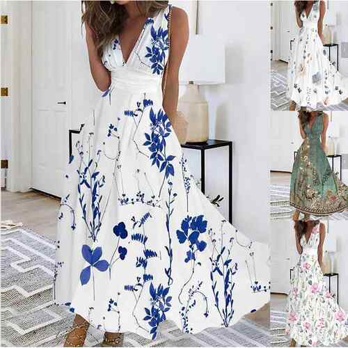 Summer Maxi Long Dress for Women Elegant Robe Femme V-Neck W