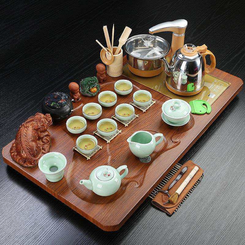 功茶具套装家用一套茶EZG盘中连式冰裂整釉陶瓷紫砂玻夫璃体茶台