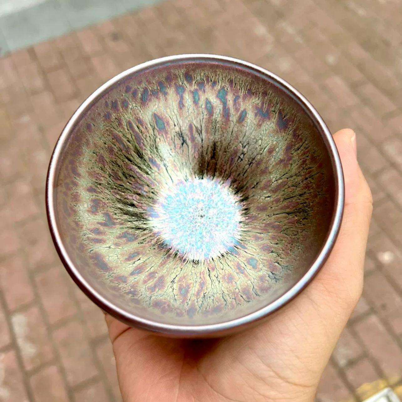 彩金百花绽放余超群紫金花雕油滴盏彩金系列建阳原矿釉高端主人杯