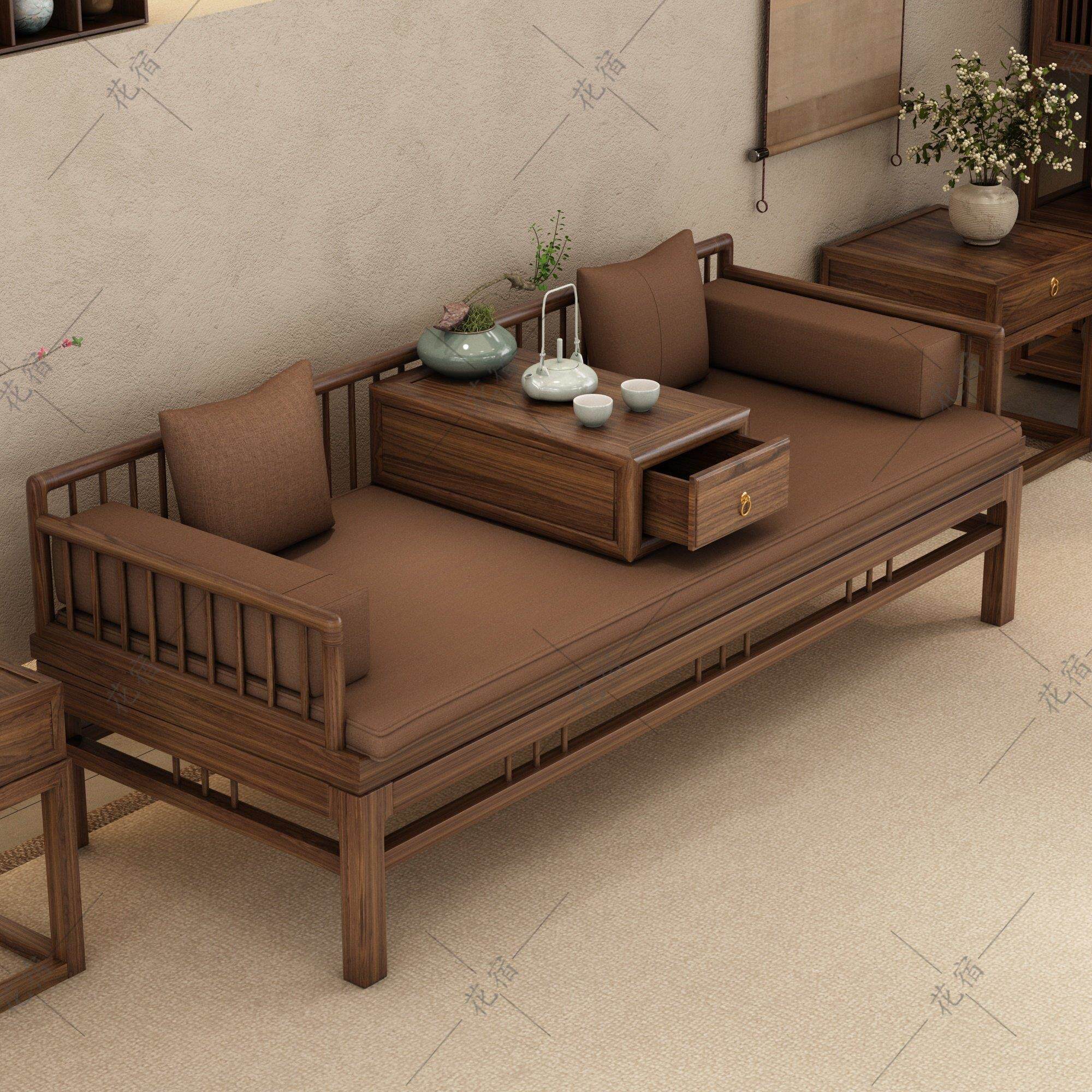 老榆木罗汉床榻新中式推拉小户型实木沙发两用伸缩家具组合套装椅