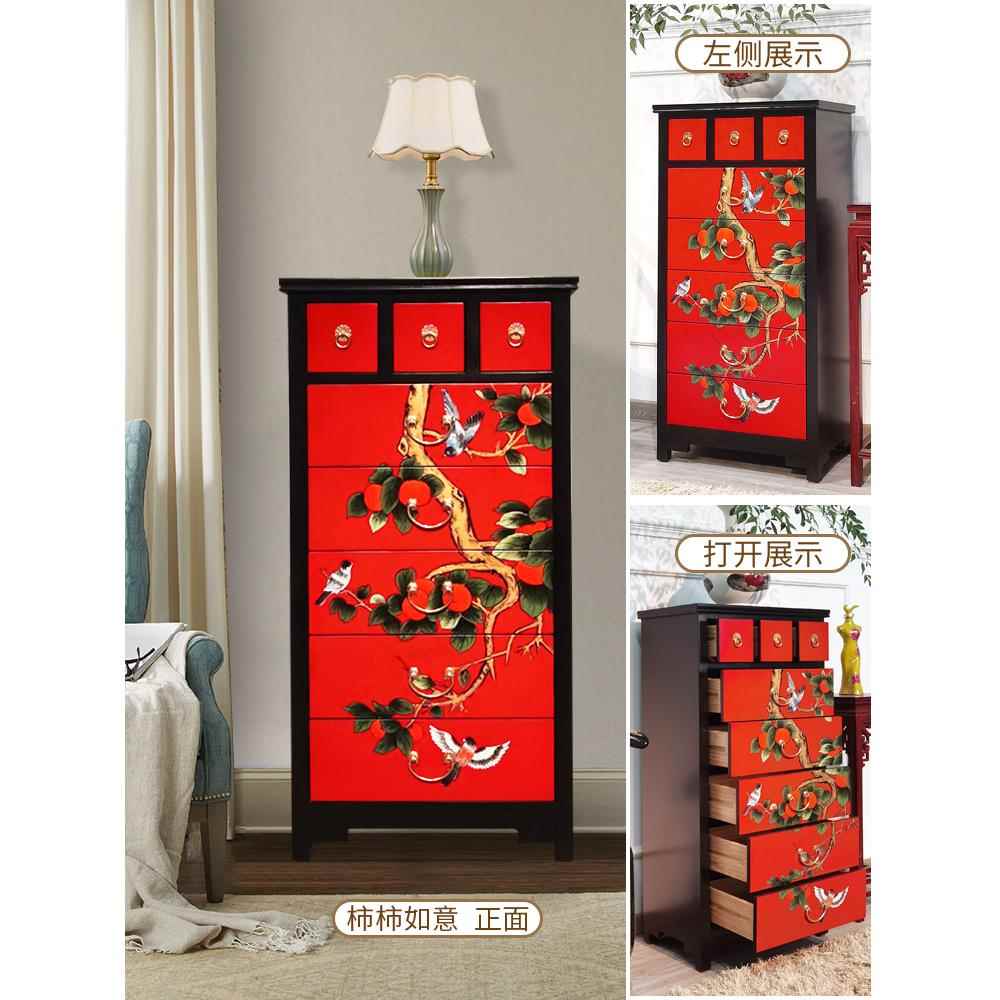 高档现斗柜卧室式五斗柜美彩收纳柜覆古代新中式实木主绘卧床尾抽