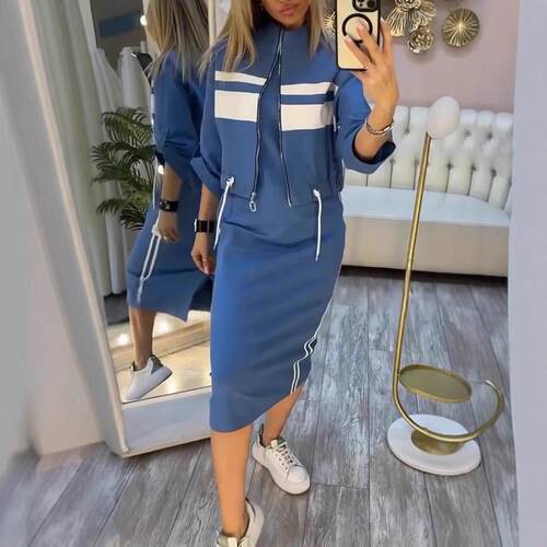 Butt over knee white striped edge dress with zipper jacket