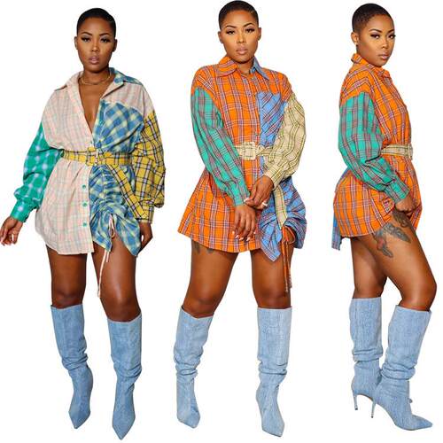 Women's printed patchwork long sleeved shirt with belt