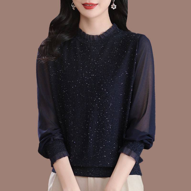 春秋2025新款蕾丝打底衫女洋派大尺码针织衫上衣时尚桑蚕丝长袖T