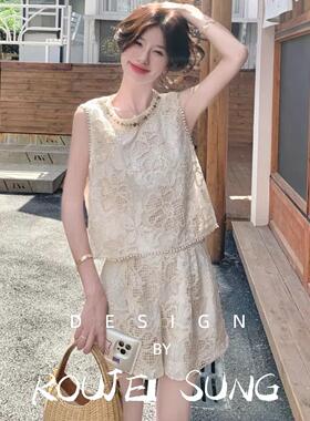 ROUJE SUNG法式小香风蕾丝镂空背心短裤女2025夏新款高腰轻熟小众