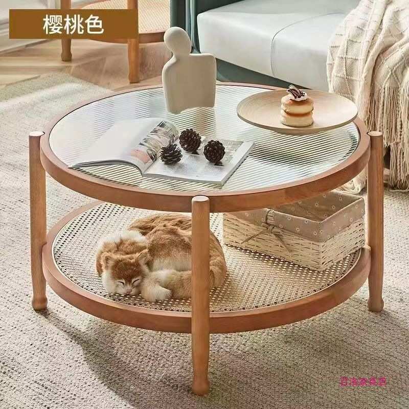 实木藤编玻璃茶几组合家用办公客厅餐厅待客简约现代休闲桌侘寂风