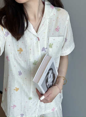 轻盈透气！舒适好穿双层100棉纱碎花短袖长裤家居服睡衣女G041013