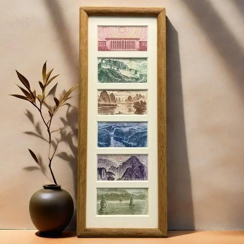 增运多金画 画框摆台六连框钱币字画 画胡桃色木质相框人民币立式