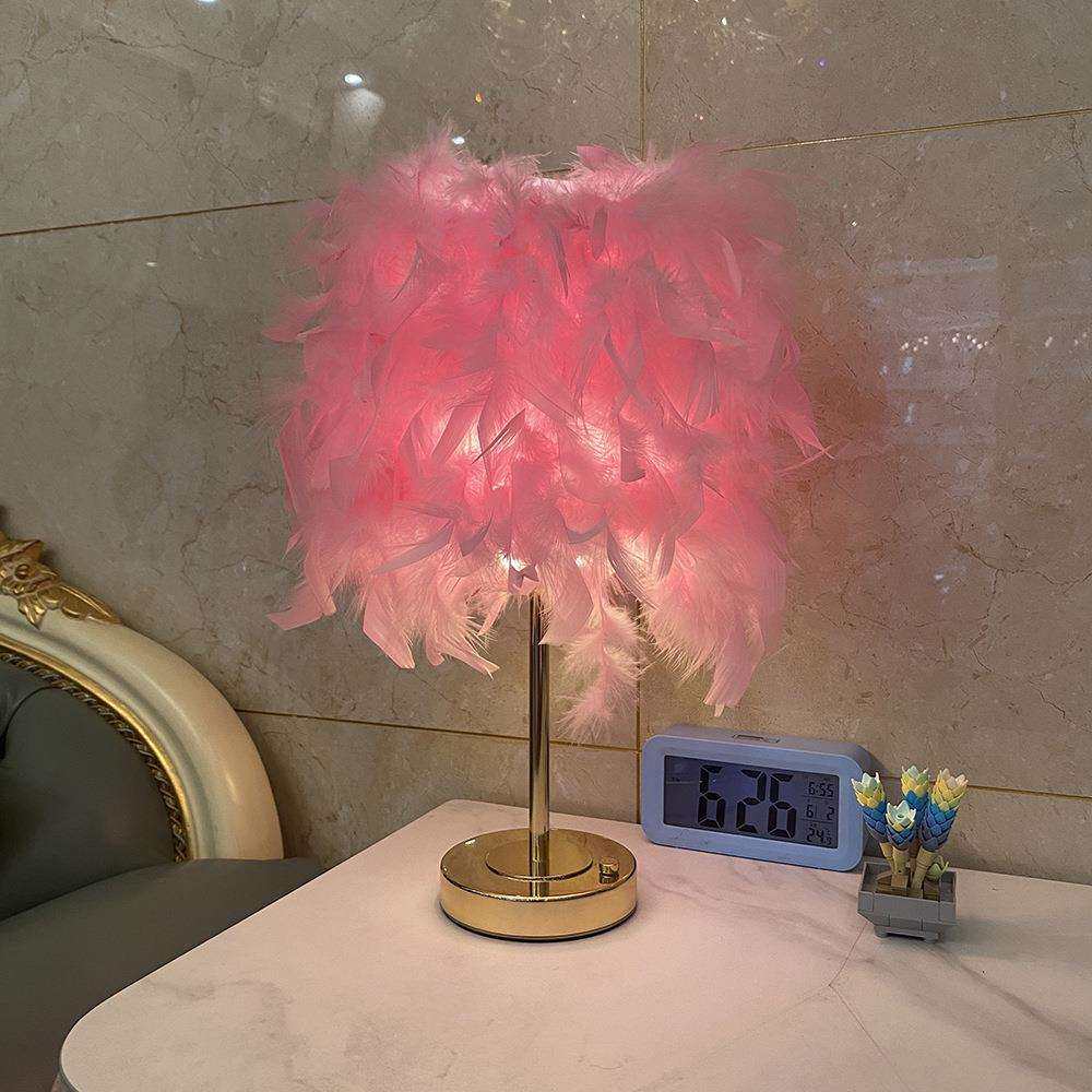 USB充电羽毛台灯卧室床头灯北欧现代简约轻奢温馨浪漫女孩小夜灯