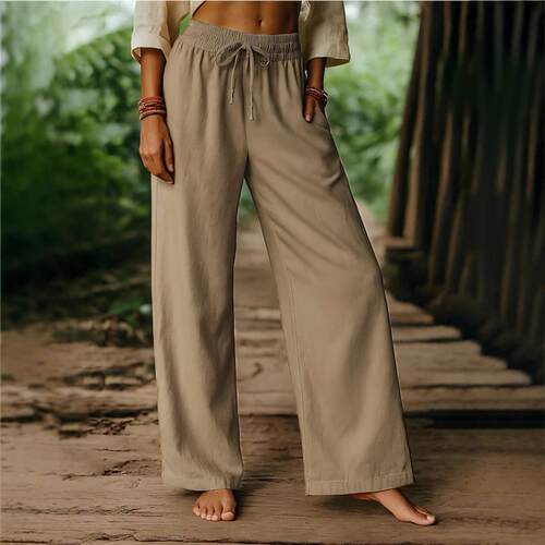 Elastic cotton and linen pants with wide legs