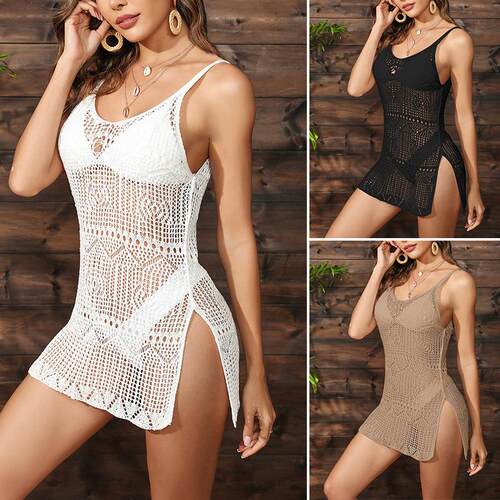 Women'S Solid Color Hollow Out Crochet Cover Up Dress Casual